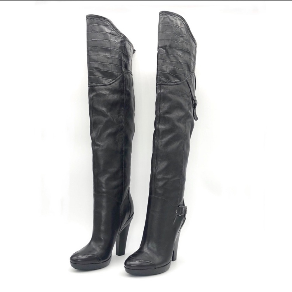 Marciano Black Croc Embossed Leather Moto Thigh High boots Size 9